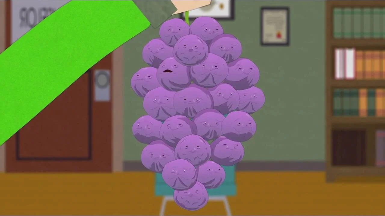 A screenshot from South Park showing the Member Berries, the anthropomorphic purple grapes at the center of the meme.