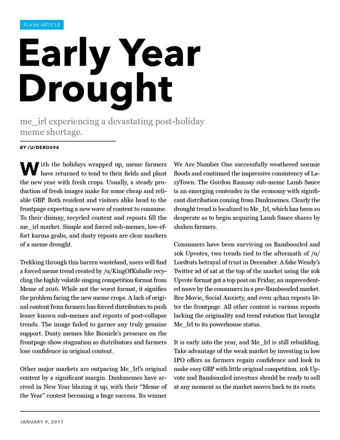 A parody market-analysis article from r/MemeEconomy discussing a post-holiday 'meme drought' in the style of financial journalism.
