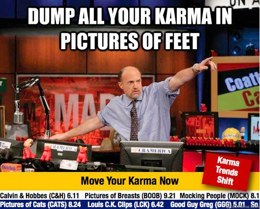 A 'Mad Karma with Jim Cramer' template treating subreddit content like tradable stocks, an early precursor to the meme-economy format.