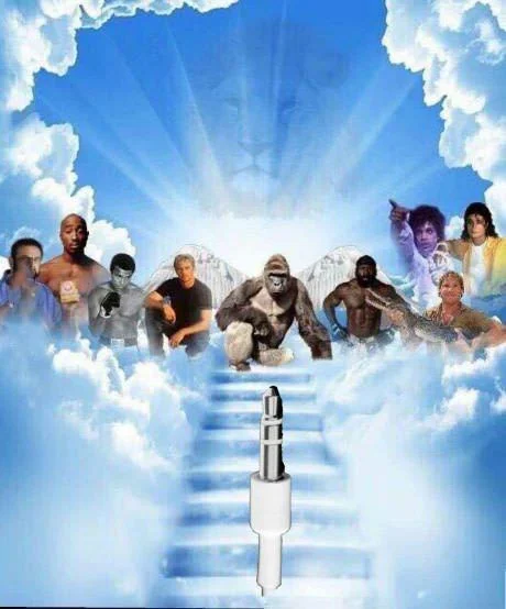 A Meme Heaven variant mourning the loss of the 3.5mm headphone jack as it ascends the stairway to join the fallen icons.
