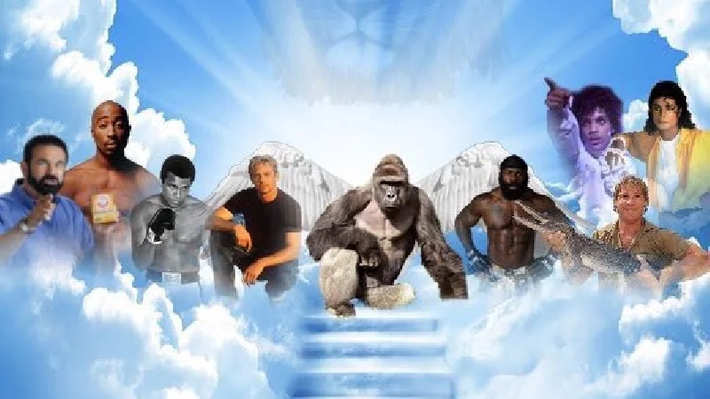 The base Meme Heaven template featuring Harambe as the centerpiece alongside iconic departed figures like Tupac, Muhammad Ali, Prince, Michael Jackson, and Steve Irwin.