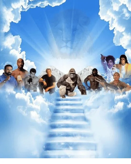 A portrait-format rendering of the Meme Heaven template, showing the full stairway leading up to Harambe and the pantheon of departed icons.