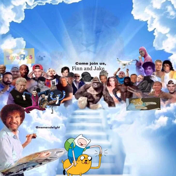 A Meme Heaven tribute honoring physicist Stephen Hawking, depicting him at the foot of the heavenly stairway.