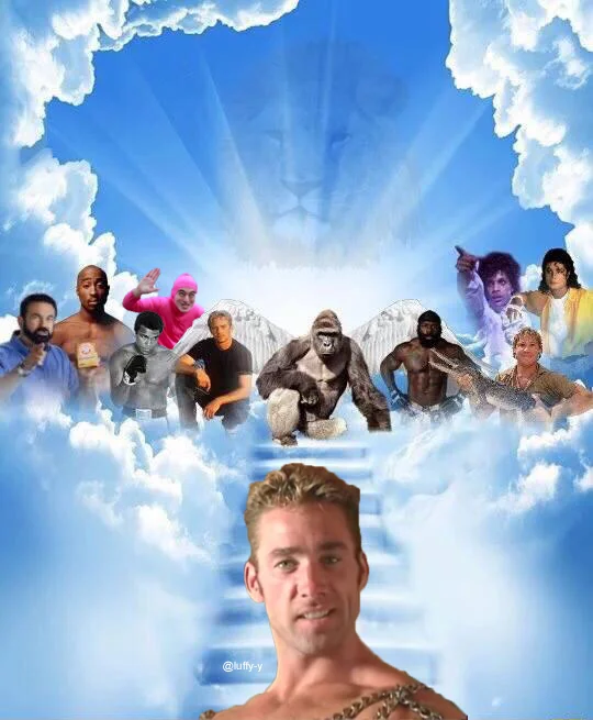 A Meme Heaven remix showing a blonde woman ascending the stairway to join the celebrity afterlife tableau.