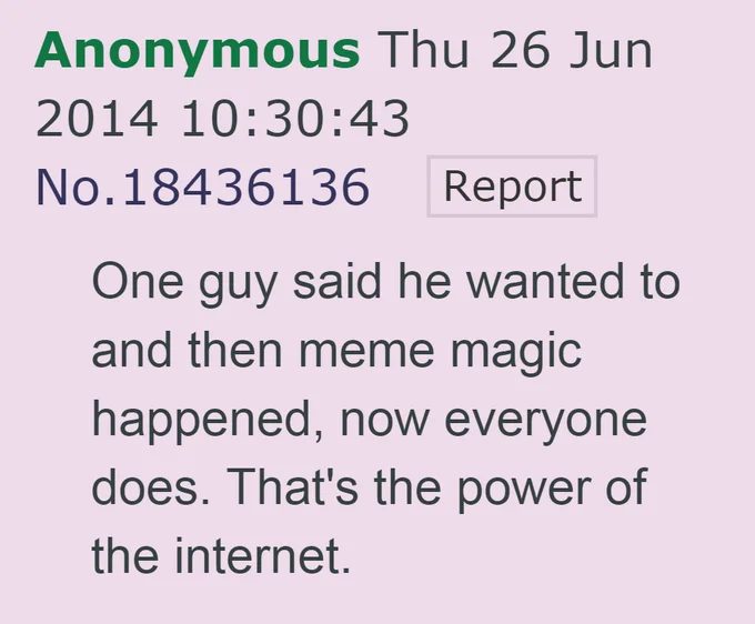 An early 4chan post credited with popularizing the phrase 'meme magic'.