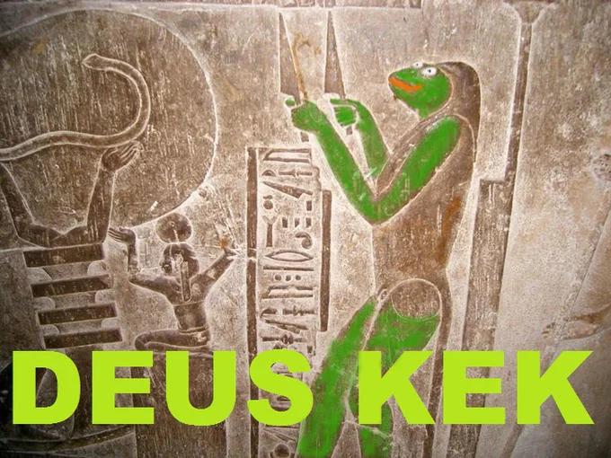 The 'Deus Kek' image, tying Pepe the Frog to the ancient Egyptian god Kek within meme magic mythology.