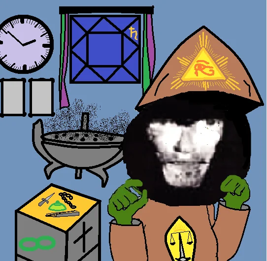 An illustration of a stereotypical meme magician performing an occult ritual to invoke chaos magic online.