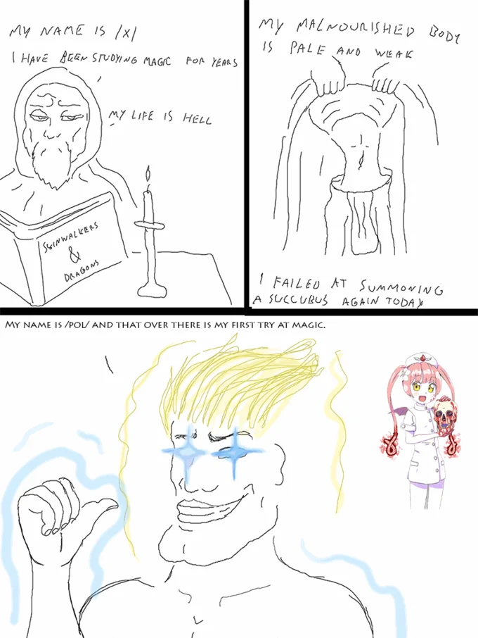 A comic contrasting /x/'s failed occult studies with /pol/'s effortless success at meme magic.