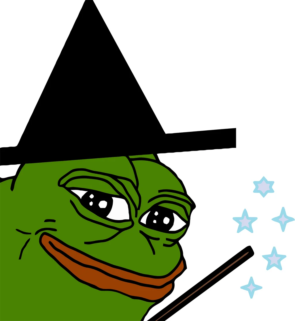 The iconic 'Wizard Pepe' image commonly used to illustrate the concept of meme magic.