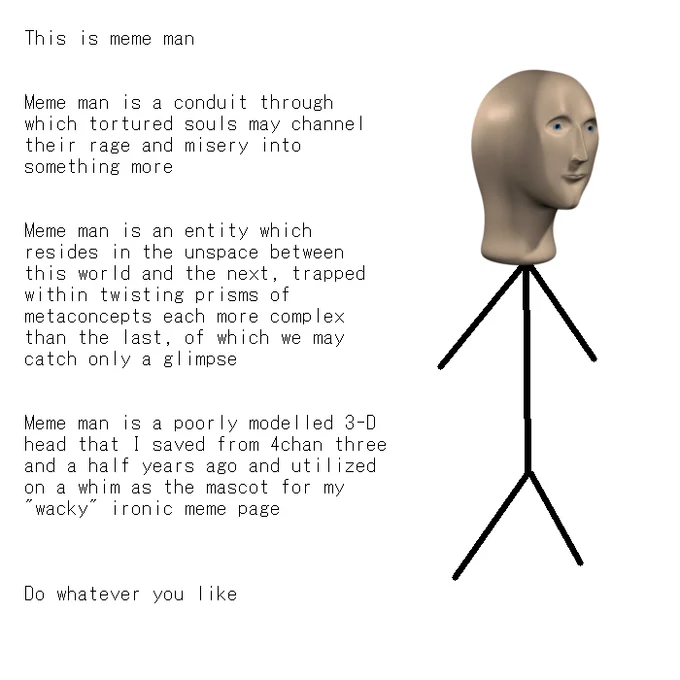 A satirical dictionary-style definition of Meme Man that captures the character's mythologized lore.
