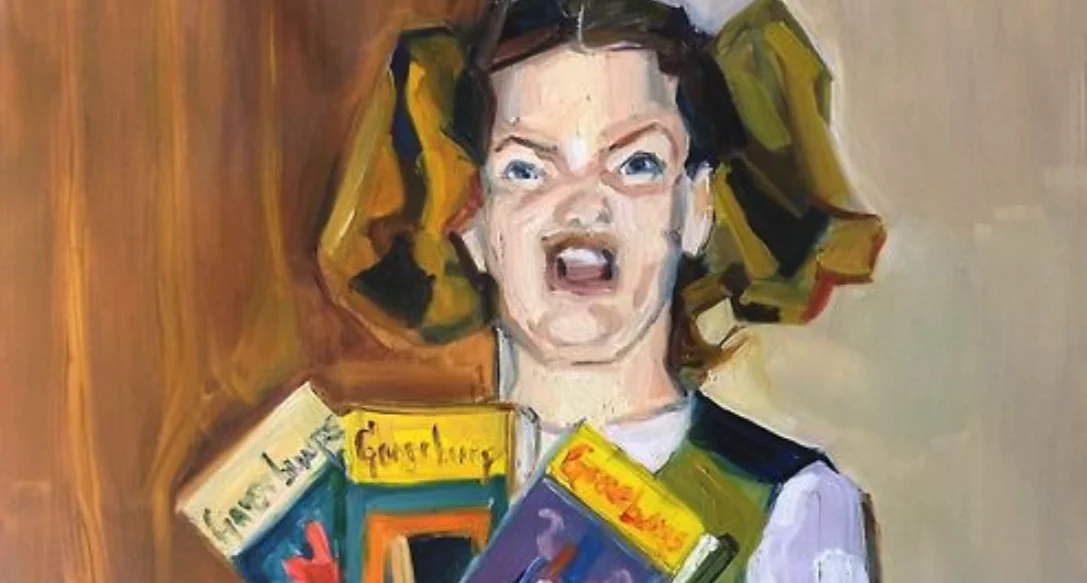 An expressive portrait painting of an angry girl holding Goosebumps books, an example of the loose, painterly meme-painting style.