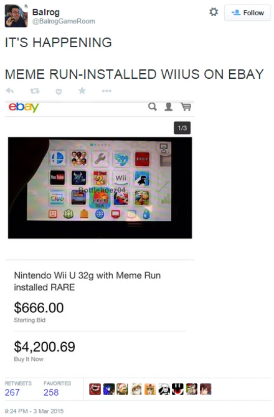 After Meme Run was pulled from the eShop in 2015, Wii U consoles with the game still installed were listed on eBay for absurd prices as collectors' items.
