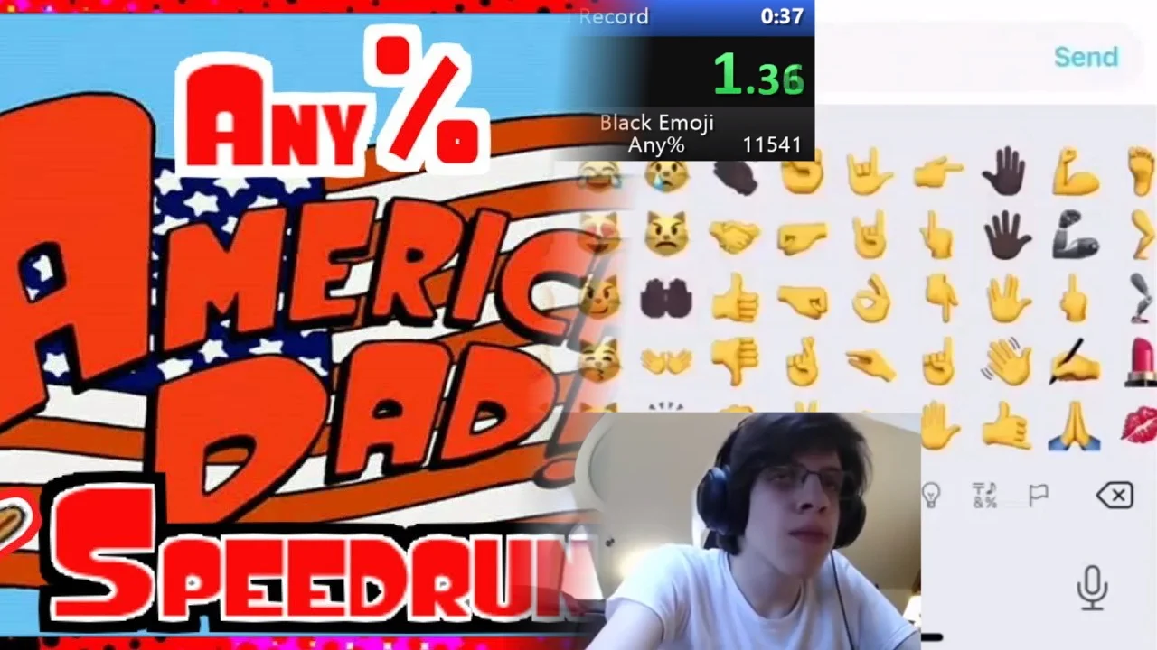 A typical 'meme speedrun' thumbnail parodying competitive speedrunning conventions, complete with an 'Any%' category label, a live timer overlay, and a webcam feed of the runner.