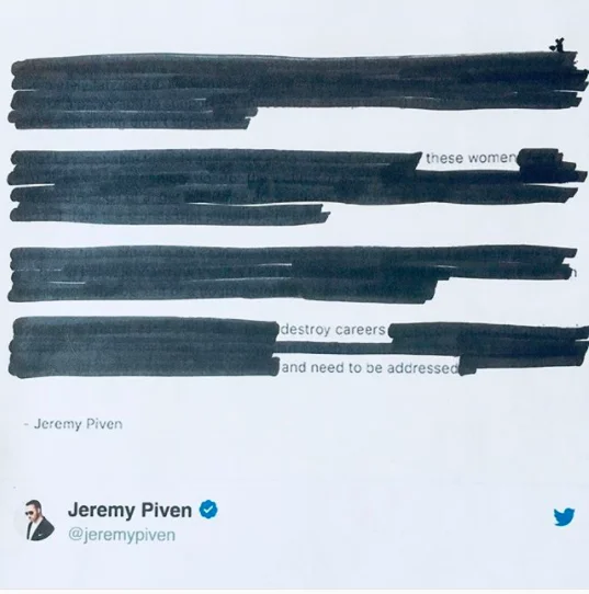 Accused celebrity denial exposed through redaction meme.