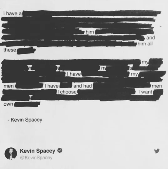 Redacted apology exposed through blackout poetry format.