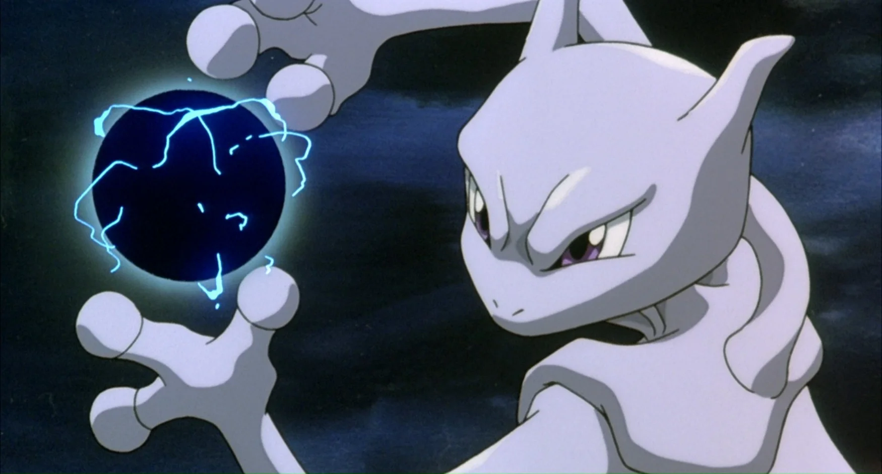 Mewtwo charging a Shadow Ball attack in the Pokemon anime, one of the character's iconic on-screen moments.