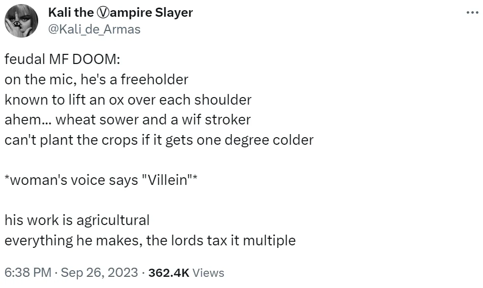 A viral tweet meme comparing Russell Crowe's Gladiator helmet to MF DOOM's mask, playing on their shared inspiration.