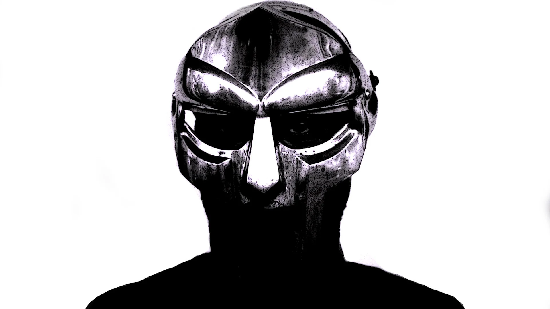 MF DOOM in his signature metal mask, the iconic visual identity of the masked villain rapper.