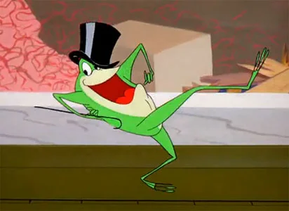 The iconic cartoon frog performing his signature routine.