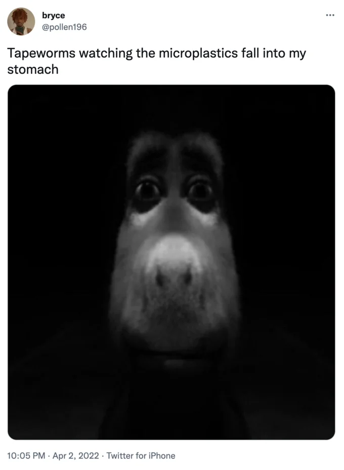 A viral tweet from @pollen196 imagining tapeworms watching in horror as microplastics reach the stomach.