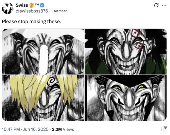 A tweet compiling a grid of upscaled-grin edits and jokingly asking creators to stop making them, showing the trend's spread.