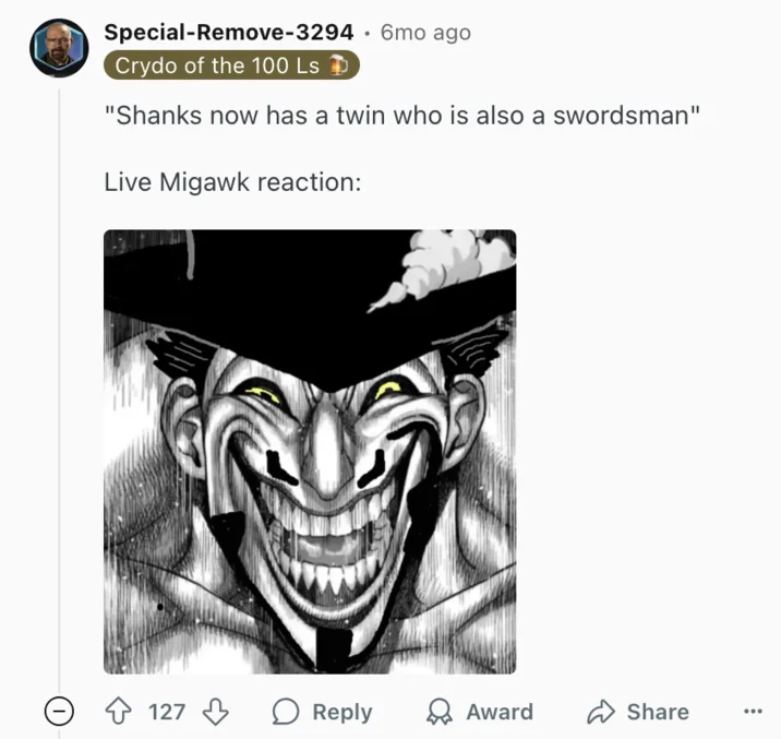 A Reddit post using the upscaled Mihawk grin as a 'live reaction' to a One Piece chapter development.