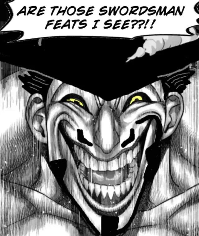 The upscaled Mihawk panel captioned with 'Are those swordsman feats I see??!!', a common reaction-image template.