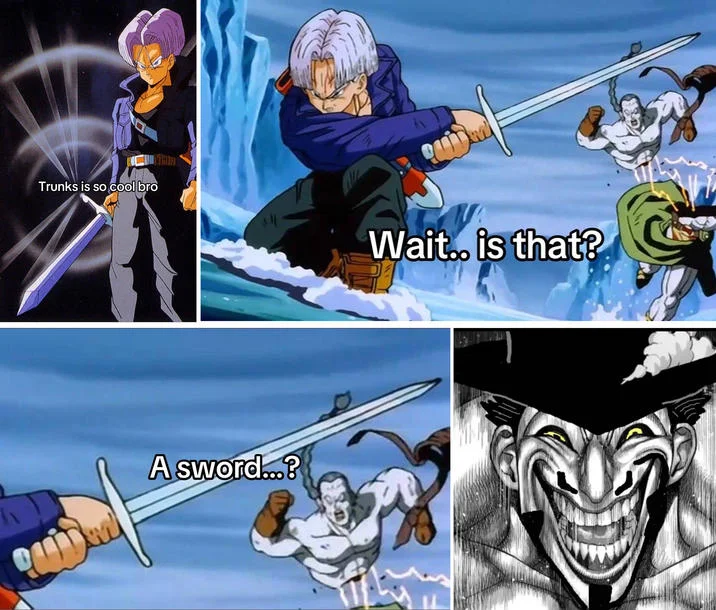 A crossover meme placing the upscaled Mihawk grin as the reaction to Dragon Ball Z's Trunks revealing his sword.