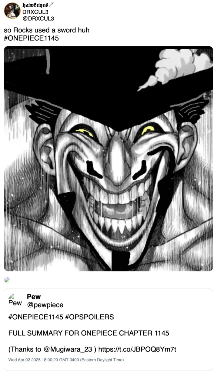 A Twitter reaction post using the upscaled Mihawk grin panel to react to One Piece chapter 1145 spoilers.