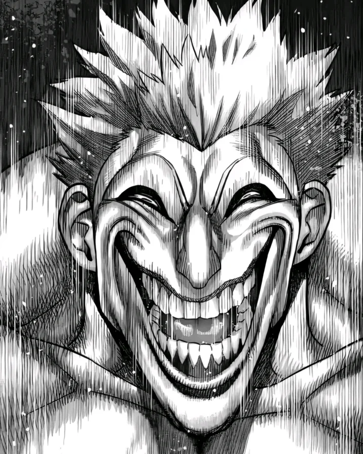 A variant of the upscale-grin edit applied to another spiky-haired manga character in the same distorted style.