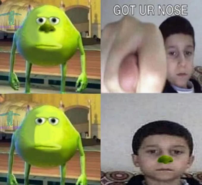 Absurdist humor applying face swap to childhood game.