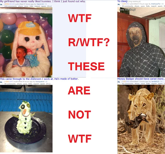 A meta-commentary image about mundane content being posted to subreddits meant for shocking material, illustrating the broader Reddit trend that spawned r/mildlyinteresting.