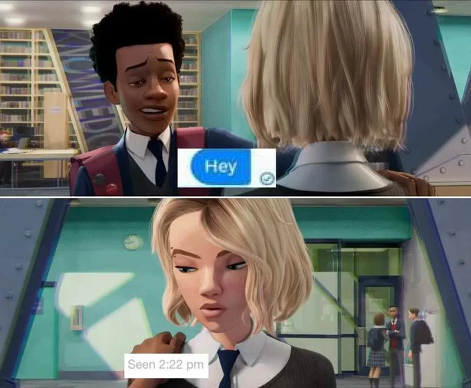 Meme depicting Miles' 'Hey' greeting as a text message that Gwen leaves on read — a relatable dating-app joke.