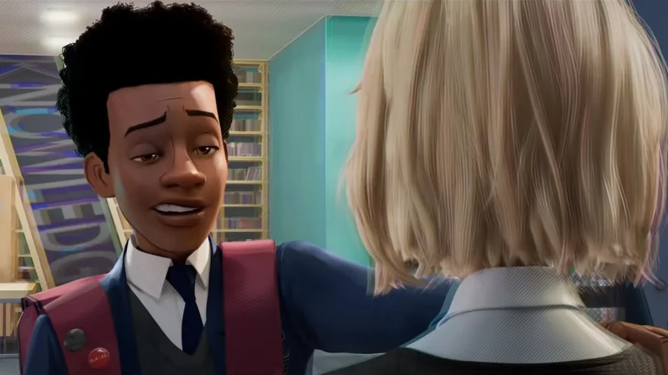 The original scene from Spider-Man: Into the Spider-Verse (2018) in which Miles Morales awkwardly greets Gwen Stacy — the moment that launched the meme.