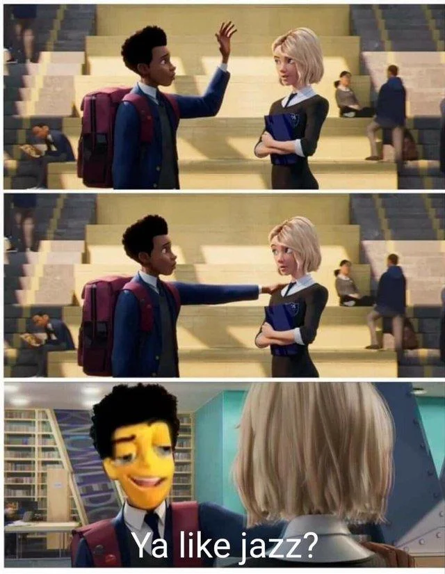 A mash-up meme replacing Miles' face with a yellow Simpsons-style character asking 'Ya like jazz?'