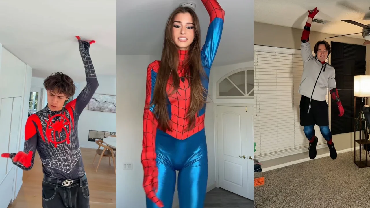 A collage of TikTok creators participating in the Miles Morales trend, striking the signature pose with one gloved hand reaching toward the ceiling.