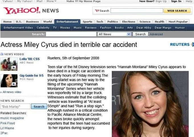 A fabricated Yahoo News page from the 2008 Miley Cyrus death hoax that circulated widely online.