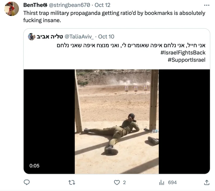 Propaganda content receiving ironic engagement metrics.