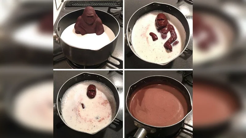 The original four-panel sequence showing a chocolate gorilla melting into a pot of hot milk, the source image for the meme.