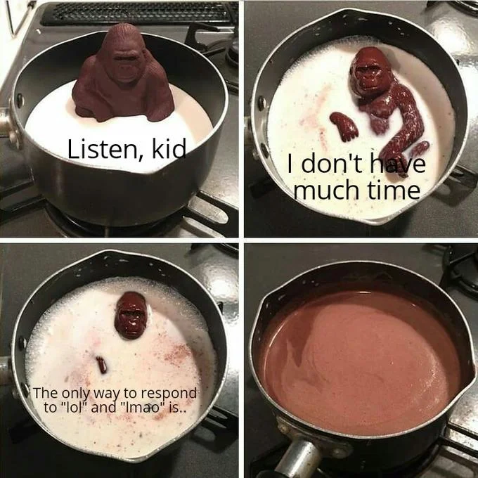 A popular variant framing the gorilla as a dying elder passing down cryptic wisdom about responding to "lol" and "lmao."