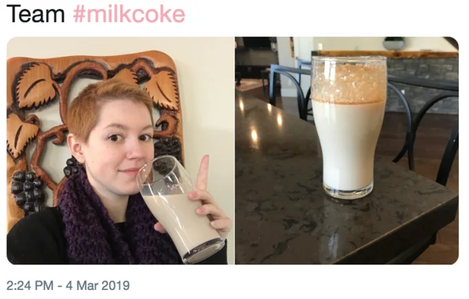 A reaction tweet mocking James Felton's milk coke claims, insisting the drink is not standard British behaviour.
