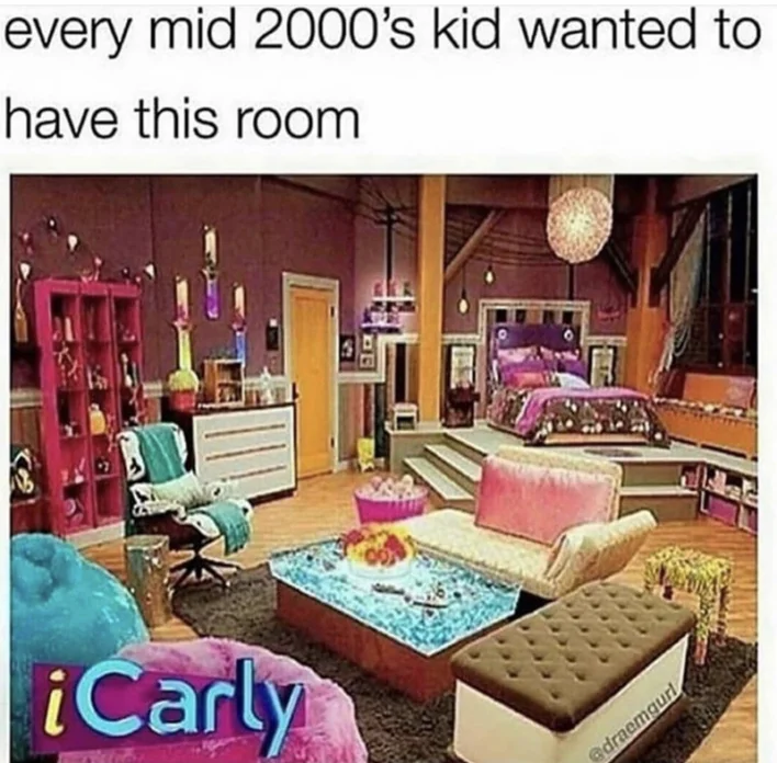 Peak millennial pink nostalgia from aspirational mid-2000s bedroom design.