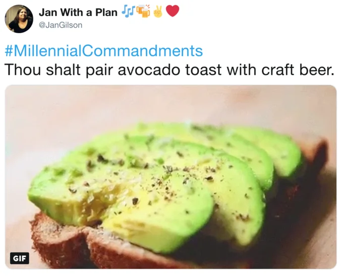 A #MillennialCommandments tweet lampooning the millennial stereotypes of avocado toast and craft beer.