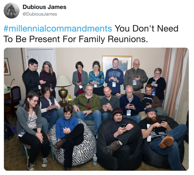 A #MillennialCommandments tweet mocking the constant smartphone attachment at social gatherings.
