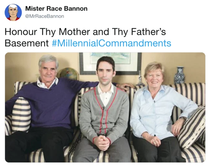 A #MillennialCommandments tweet playing on the trope of millennials still living in their parents' basement.