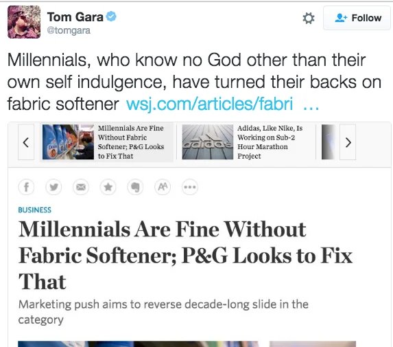 A tweet quoting a Wall Street Journal article about millennials rejecting fabric softener, with satirical religious framing.