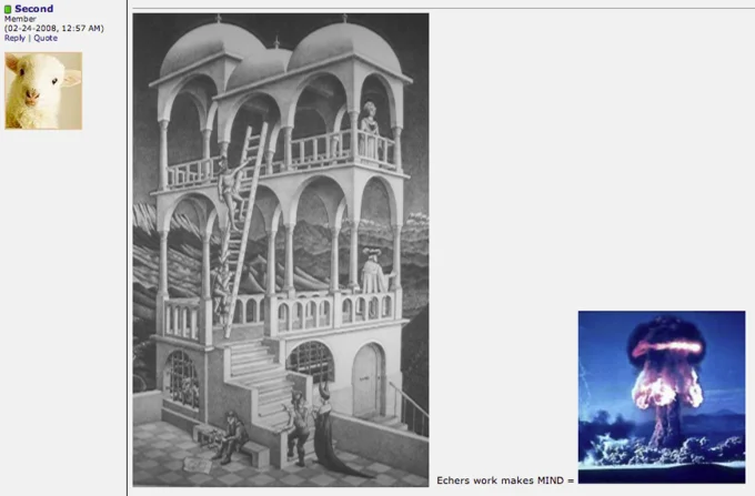 A 2008 forum post pairing Escher's 'Belvedere' with a nuclear explosion, an early visual expression of the 'mind blown' idea.