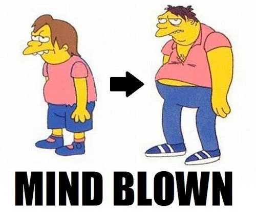 A Simpsons-themed 'MIND BLOWN' image implying that Nelson Muntz grows up to become Barney Gumble.