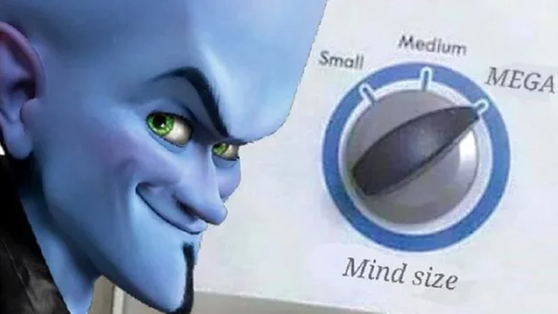 The original 'Mind Size' meme template pairing Megamind with a washing machine dial turned to MEGA.