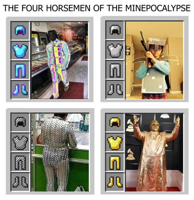 The gold-shirt parody entry, matching a real-world gold-clad man to the Minecraft gold chestplate slot.
